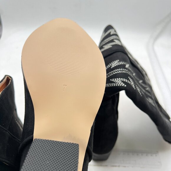 FOWT Black Pointed Toe Knee High Boots Chunky High Heel Embroidery Cowboy Boots - Picture 6 of 8